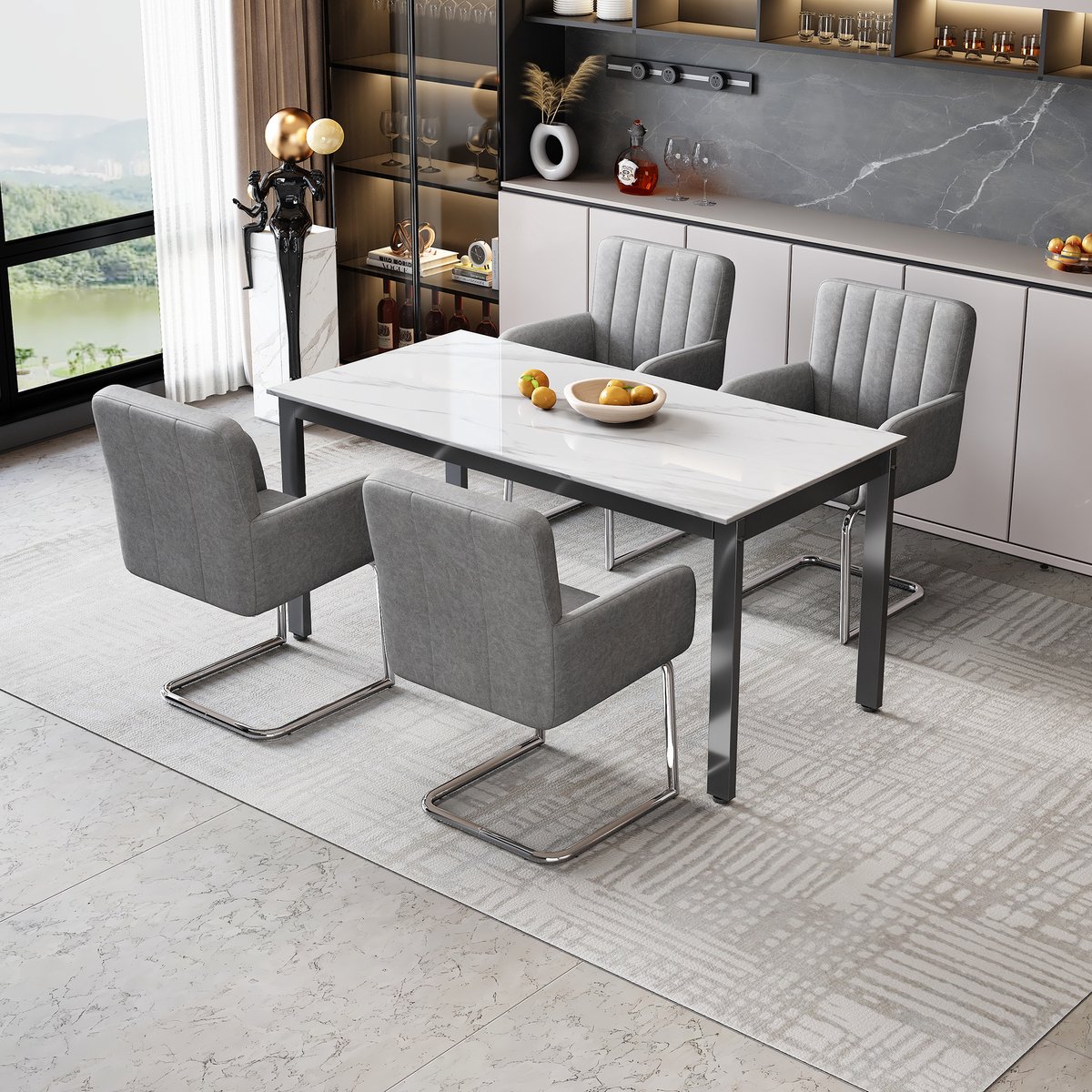 Eettafelstoel - Set van 4 - Keukenstoel - Stoelenset - Eetkamerstoelen met verticale strepen - Gestoffeerde fauteuil met zigzag metalen poten - Loungestoel - Woonkamerstoel - Kunstleer - Grijs