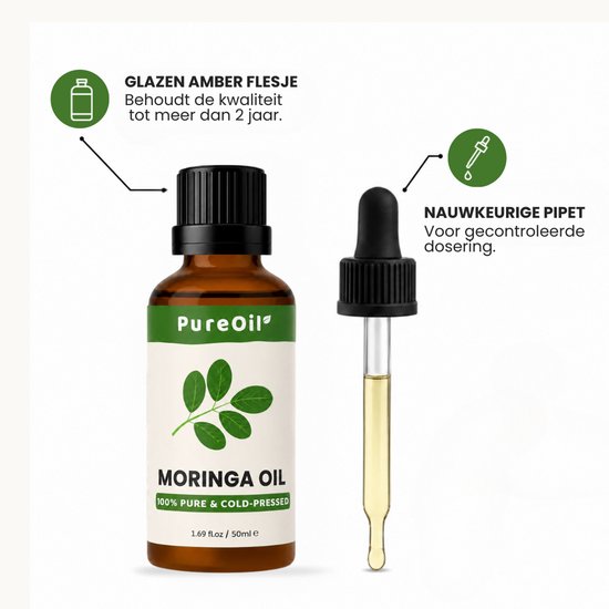 Bruine glazen fles Moringa olie met groene bladeren en een pipetje dat wordt gebruikt voor gecontroleerde dosering.