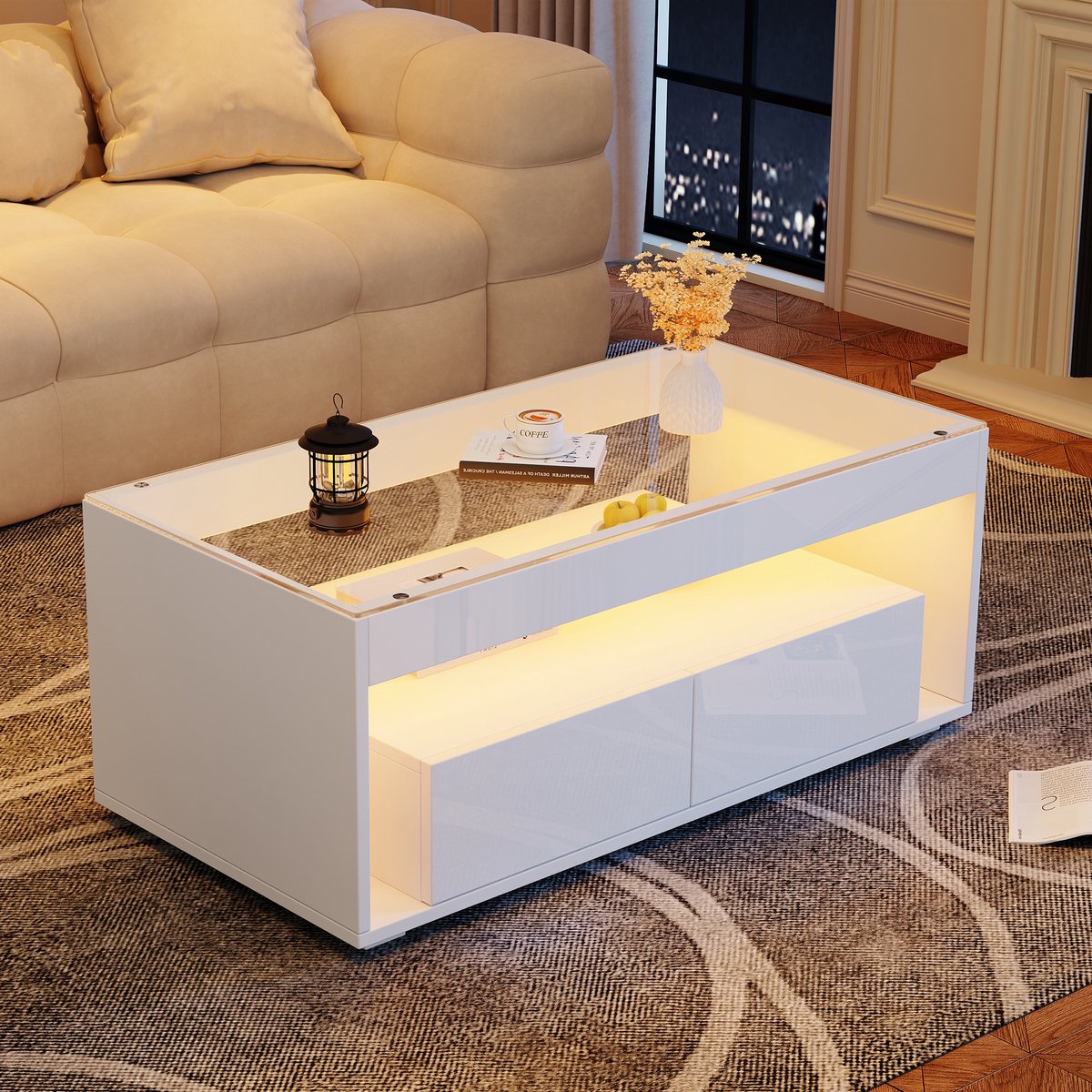 COVREO Salontafel 100x50x40 cm – wit, gehard glas, 2 lades en LED-verlichting