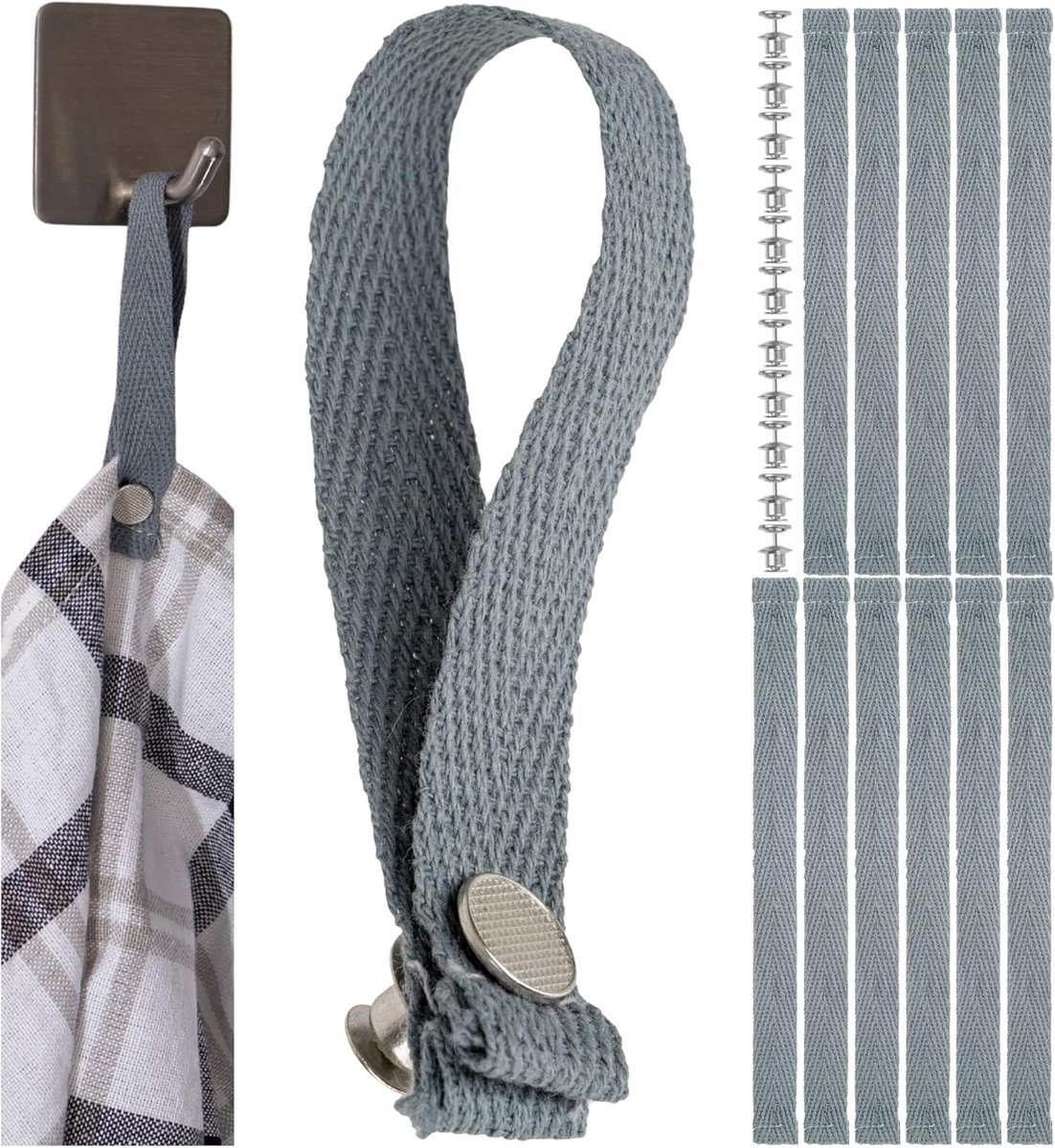 SnelShoppen - 12 Stuks Naai-vrije Textiel Hangers 150x12 mm in Grijs, Katoen met Drukknopsluiting, Hangooplussen voor Keuken, Badkamer, Camping, Decor