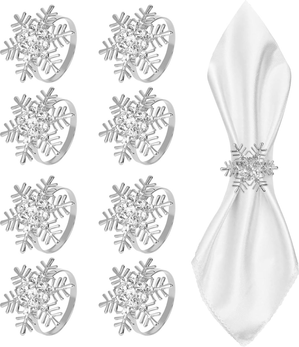 SnelShoppen - Christmas Round Napkin Rings 8 Stuks, Sneeuwvlok Design, 4 cm Diameter, Zinklegering, Perfect voor Kerst Tafeldecoratie, Bruiloften en F