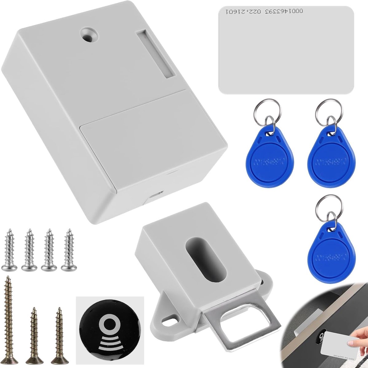 Elektronisch kastslot, RFID-slot met batterij, intelligent ladeslot met 3 sleutelhangers en 1 RFID-kaarten, houten lade en kast, verborgen sloten voor dubbele deurkast (wit)