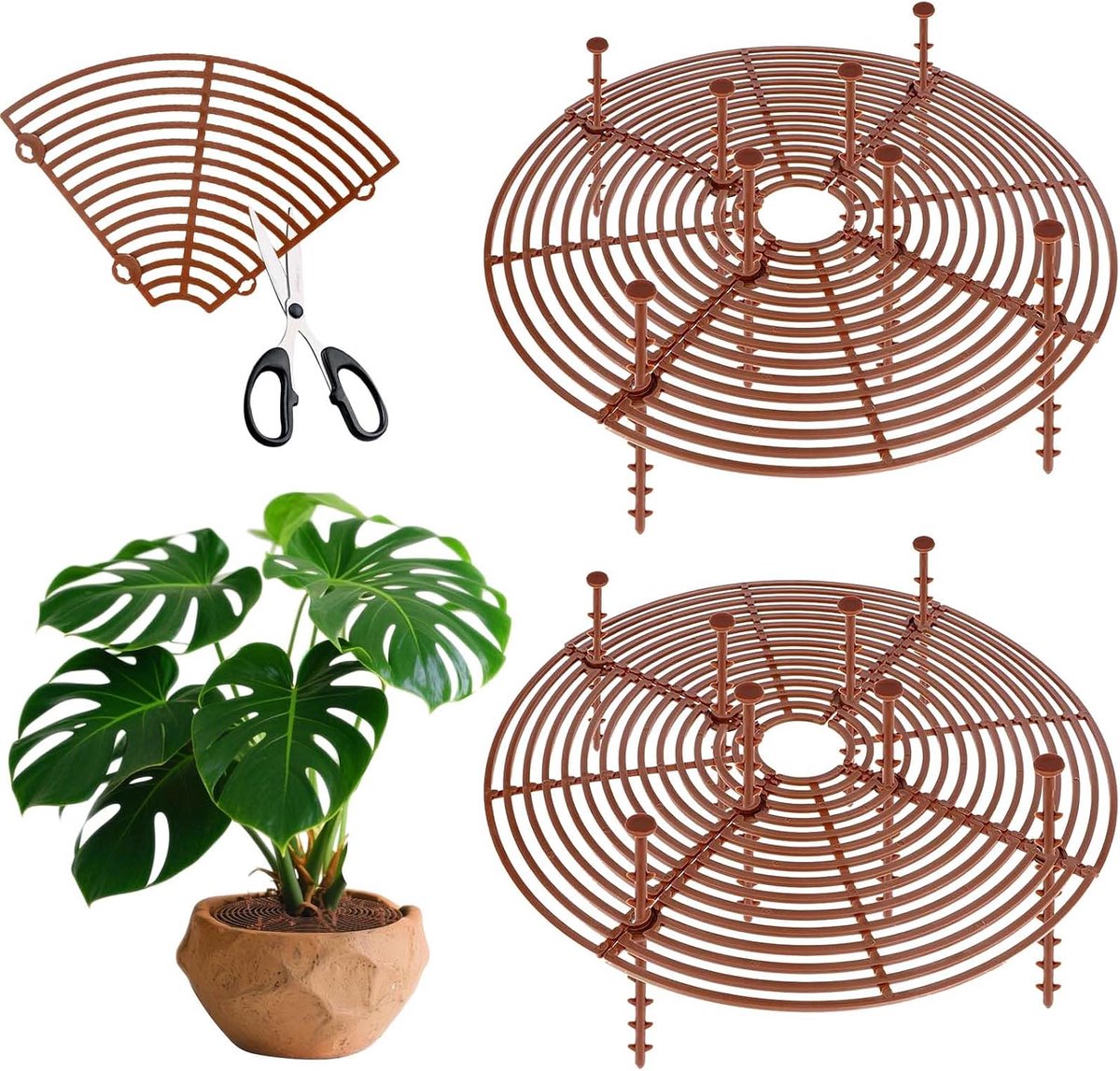 Een set van twee katbestendige bloempothoezen, 30 cm in diameter, aanpasbaar aan bloempotten, ter bescherming tegen schade door katten en ter bescherming van de aarde tegen dieren en kinderen. Bruin.