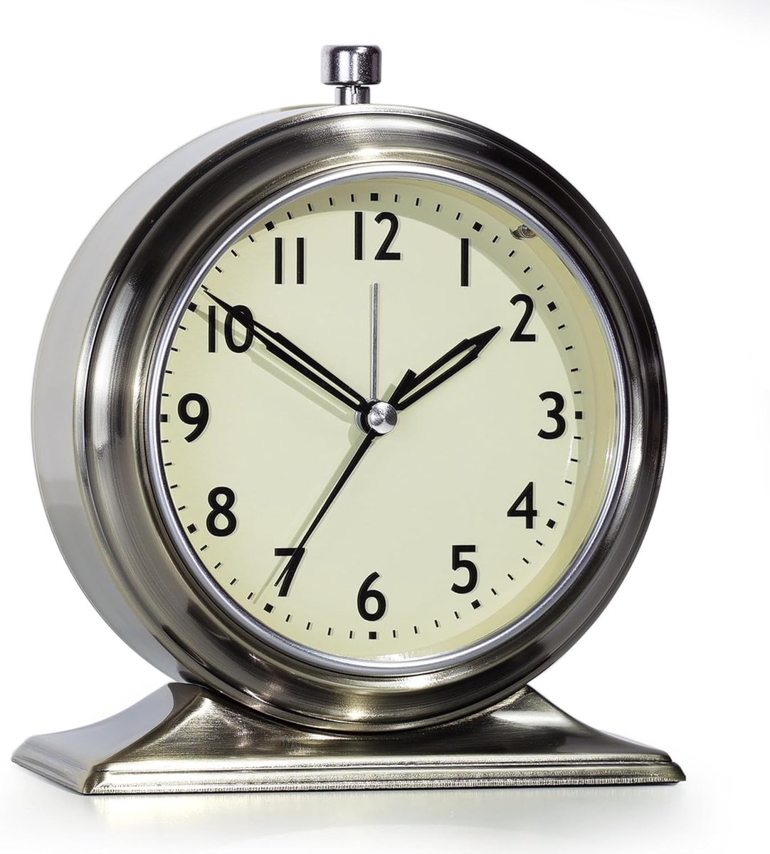 SnelShoppen - 4 Inch Metalen Alarmklok, Stille Niet-Tikkende Tafelklok voor Slaapkamer, Compacte Desk Klok met Lichtfunctie, Decoratie voor Woonkamer,