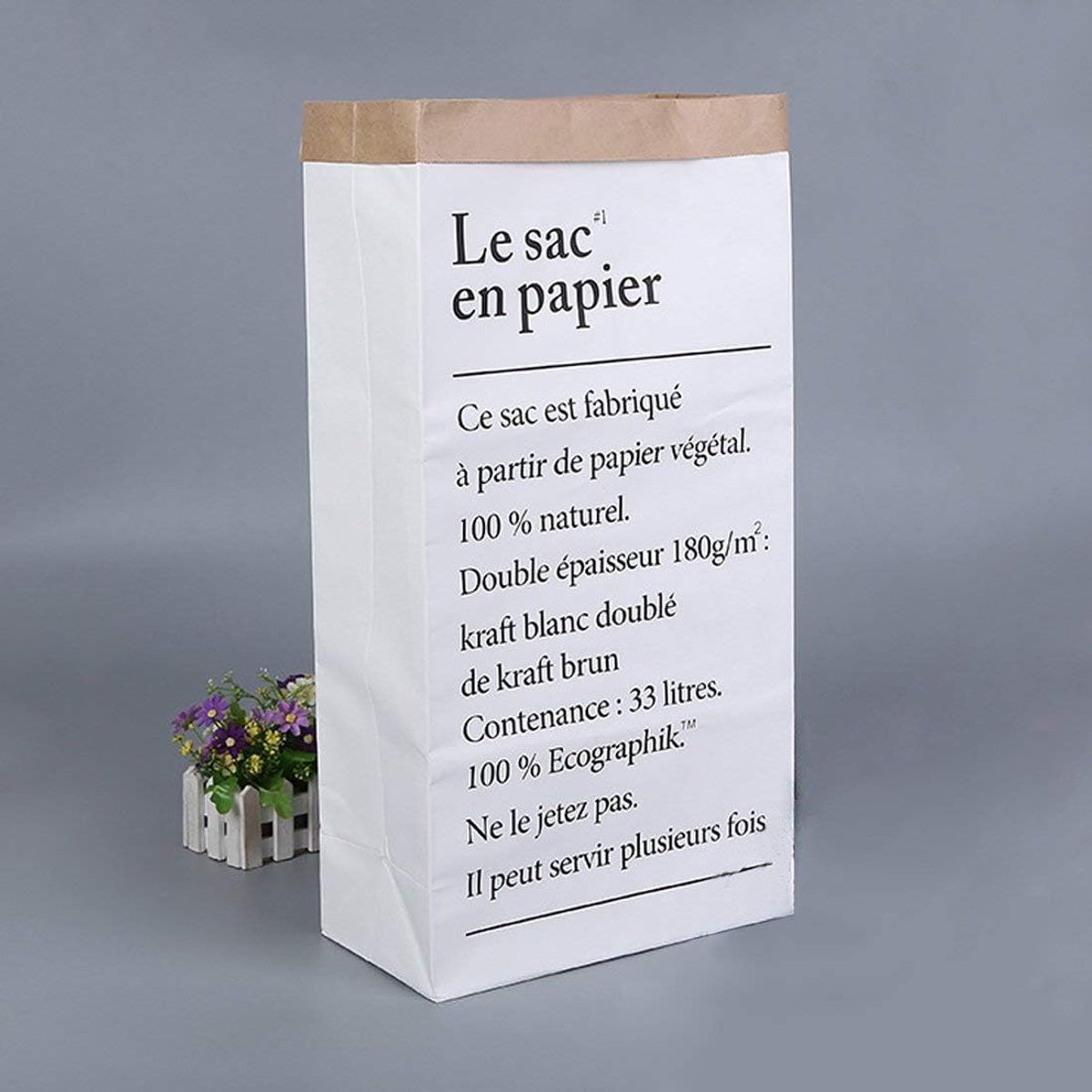 SnelShoppen - Paper Bag Kraft Papier Prullenbak Kinderen Speelgoed Opslagdoos Wit Bruin (Motief AA) 32x61x16 cm
