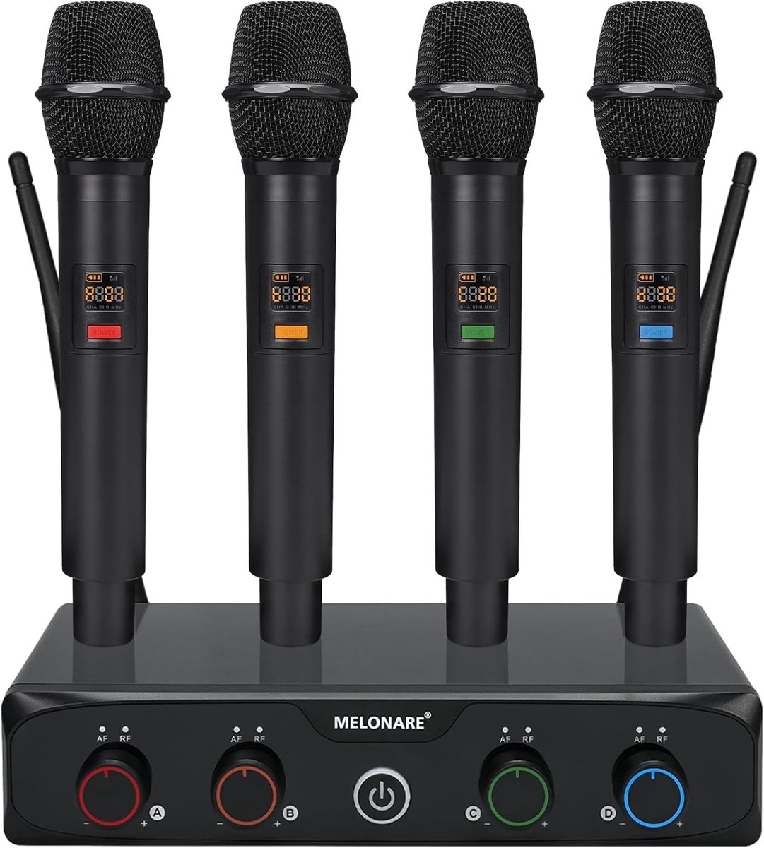 SnelShoppen - Draadloos Microfoonsysteem 4 Kanaals UHF - Handheld Microfoon Set voor Karaoke, Zingen, Bruiloft, DJ, Kerk - 60m Bereik, 10 Frequenties