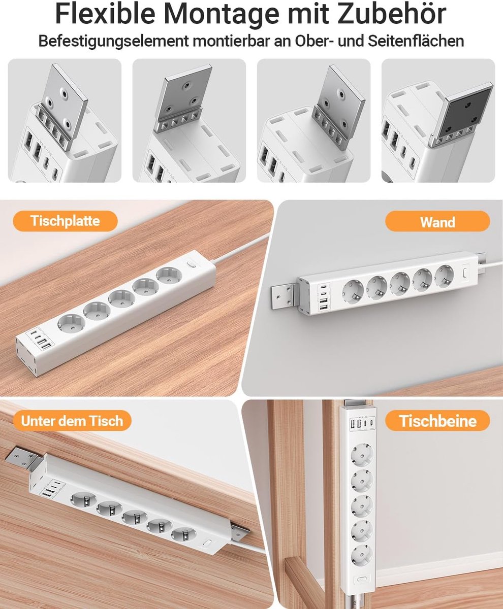 SnelShoppen - 360° Monteerbare Stekkerdoos Wand- en Onderbouw, 4000 W, 5-Voudig + 4 USB Poorten (2 x USB-C PD20W + 2 x USB-A), Overbelastingsbeveiligi