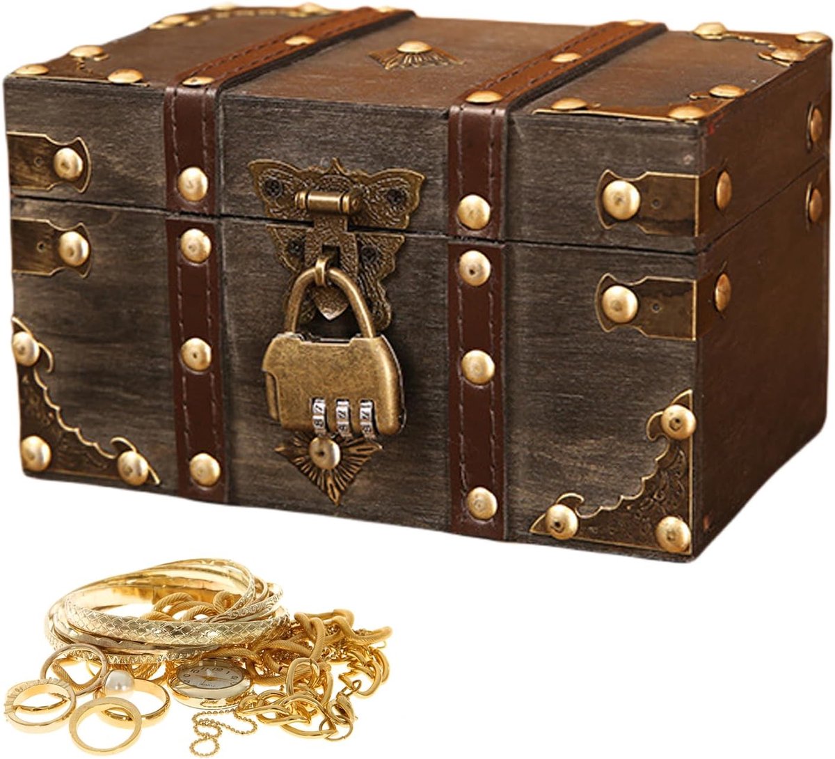 SnelShoppen - Vintage Houten Schatkist Klein met Combinatielock voor Kinderen, Sieradenbox, Houten Opbergdoos met Deksel 18 x 11 x 10cm voor Decoratie