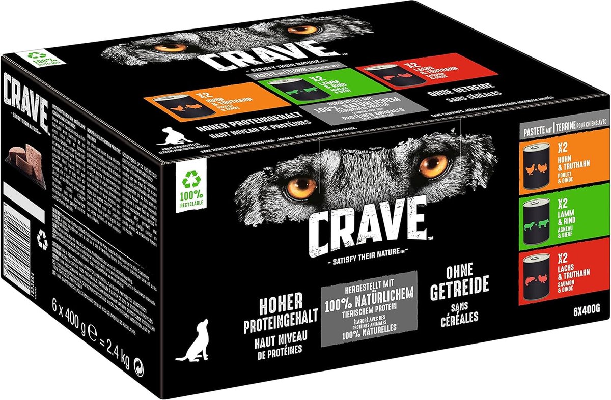 SnelShoppen - Crave Tin Multipack Hondensnoep - Pâté met Kip & Kalkoen, Lam & Rund, Zalm & Kalkoen - 6 x 400g - Graanvrij, Hoogwaardig, Natuurlijk Eiw