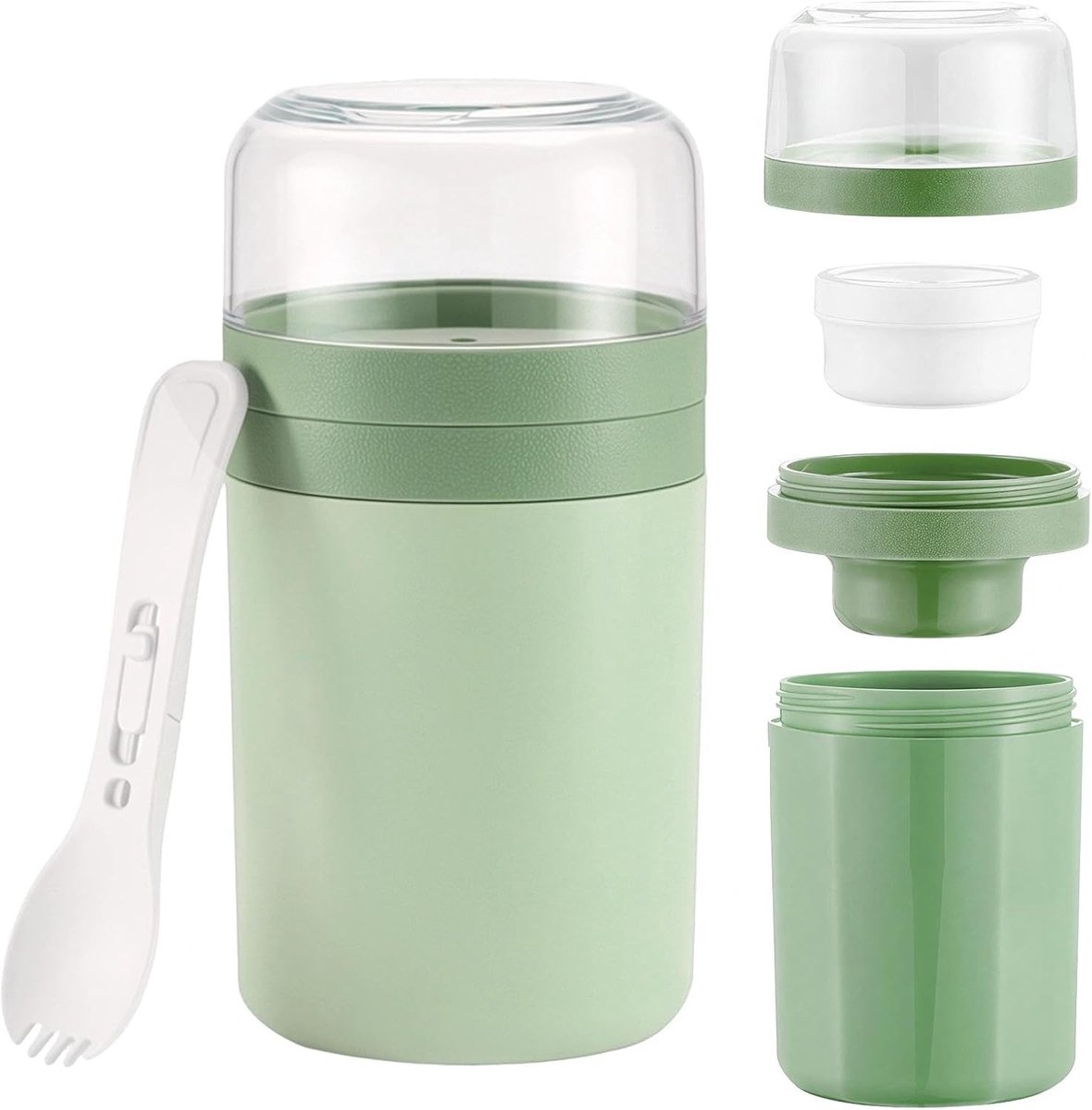 SnelShoppen - Groene Mueslibeker To Go 520 ml + 250 ml Dubbellaagse Yoghurtbeker met Lepel - Ideaal voor Ontbijt, Studenten en Kantoormedewerkers - Pe