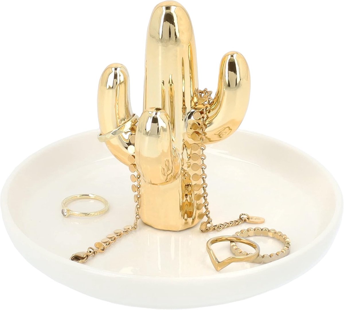 SnelShoppen - LYVION Cactus Jewelry Holder - Sieradenhouder - Sieradenschotel - Sieradenrek - Sieradenbox - Sieradenstandaard - Keramiek - Goud en Wit