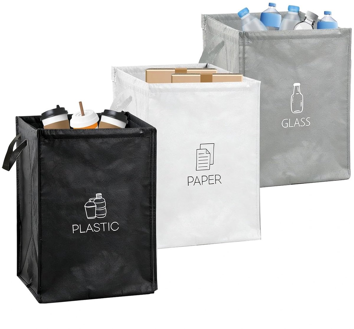 SnelShoppen - Afvalscheidingssysteem 3-delige Set voor Plastic, Papier en Glas - Duurzame Recycling Bins met Handvat - 36 Liter per Zak - Ideaal voor