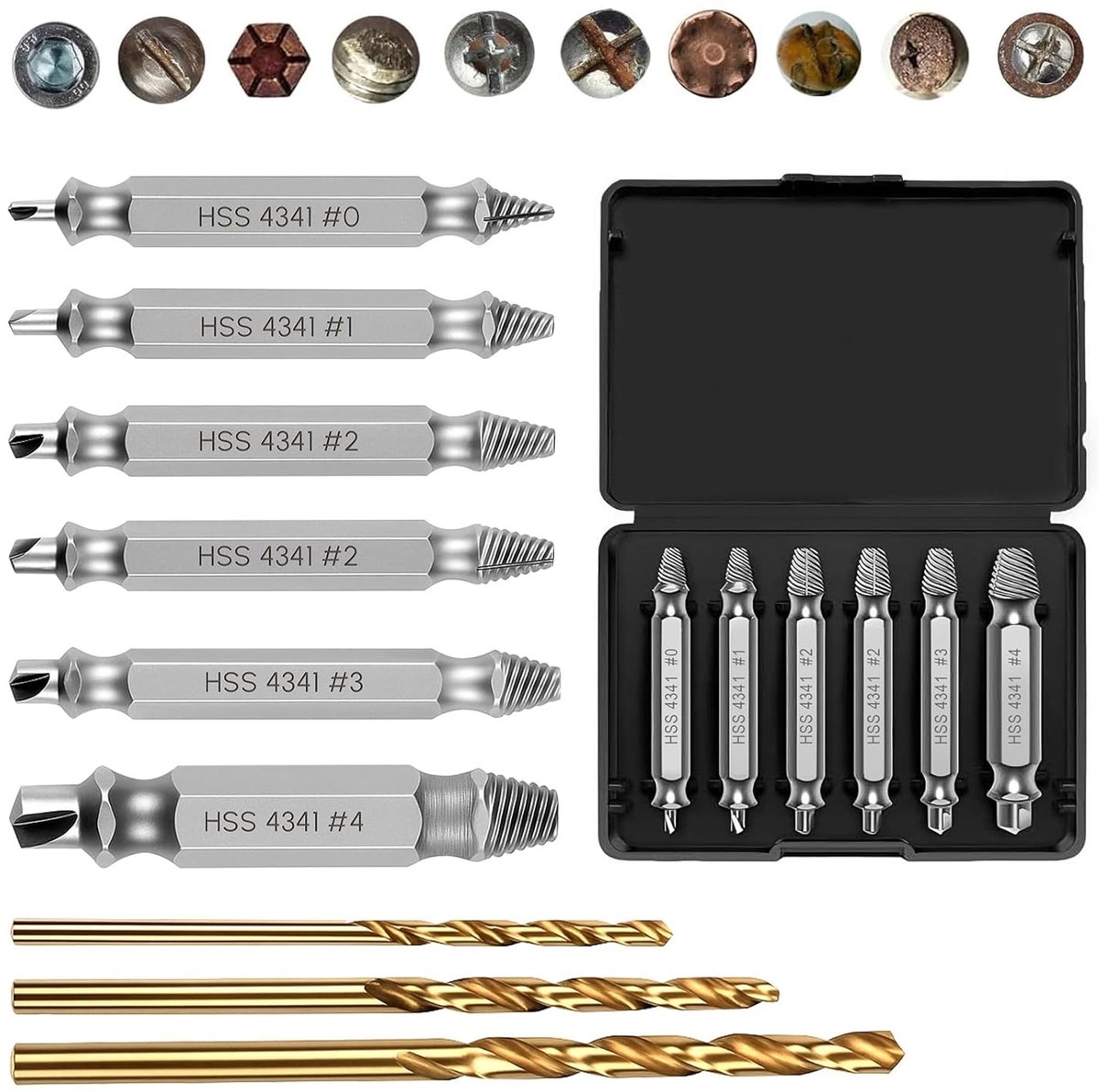Complete Set van 9 Stuks Schroefverwijderingskit met 6 Easy Out Extractors en 3 Boorbits voor Beschadigde en Gebroken Schroeven