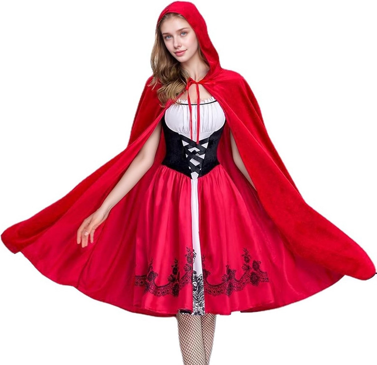 Carnaval Kostuum voor Vrouwen met Rode Cape en Hoed - Feestjurk voor Halloween en Kerst, Perfect voor Cosplay en Theatrale Optredens
