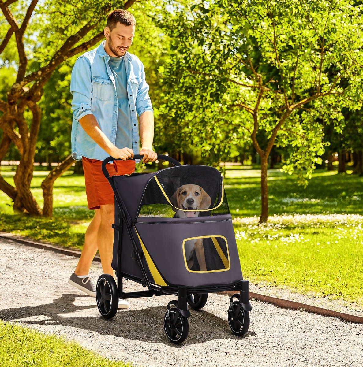 Wishdor Dierenbuggy - Opvouwbaar met een klik - Met kussen en veiligheidslijnen - Gaasvensters en zijvak - Oxfordstof en staal - Donkergrijs - 112 x 65 x 100 cm