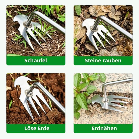 Onkruidtrekker - Onkruidverwijderaar - Onkruid Steker - rvs - 4-tandige onkruidsteker voor dubbel gebruik - Handmatig tuingereedschap met lange steel - houten handvat - Tuingereedschap - Geschenken van de tuinier — afbeelding 3