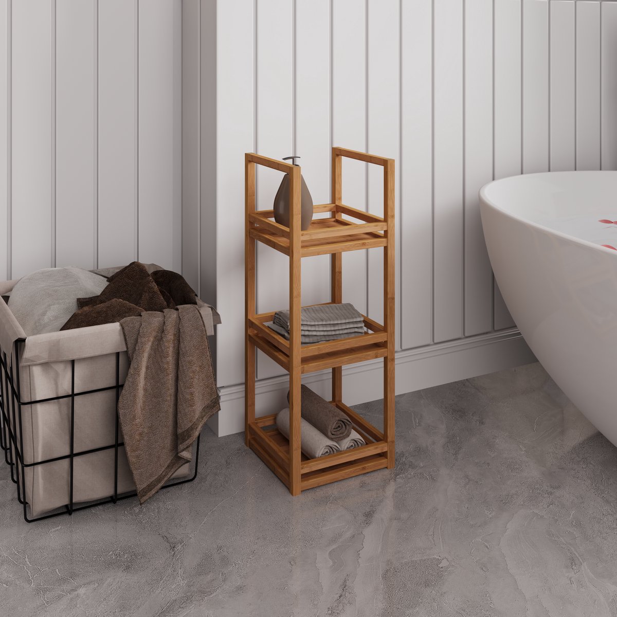 MIVRAY Boekenkast – 70 x 26 x 26 cm – 3 Niveaus – Bamboe en MDF – Naturel – Smalle Open Kast voor Badkamer en Woonruimte