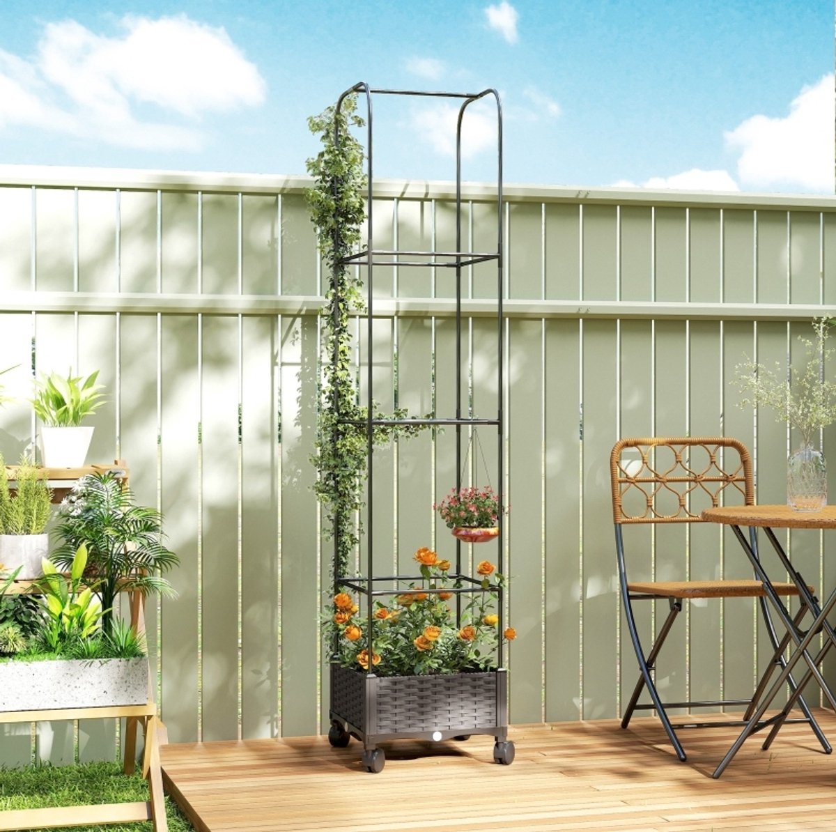 Wishdor Verticale tuin - Met klimrek en wielen - Zelfbewateringssysteem en afwateringsgaten - Rattan-look - Voor buiten - Staal en kunststof - Zwart - 40 x 40 x 185 cm