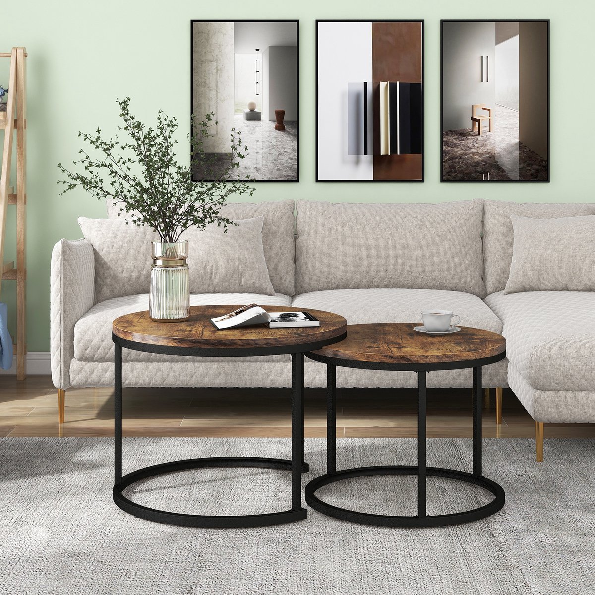 COVREO Ronde salontafel set van 2 70,5 cm en 50 cm - bruin MDF, stapelbaar