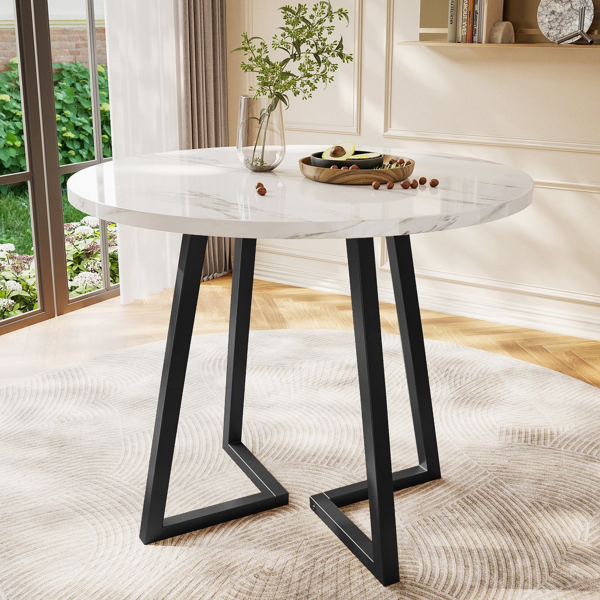 COVREO Ronde eettafel 80x80x75 cm - wit marmerlook fineer, MDF tafelblad, metalen onderstel