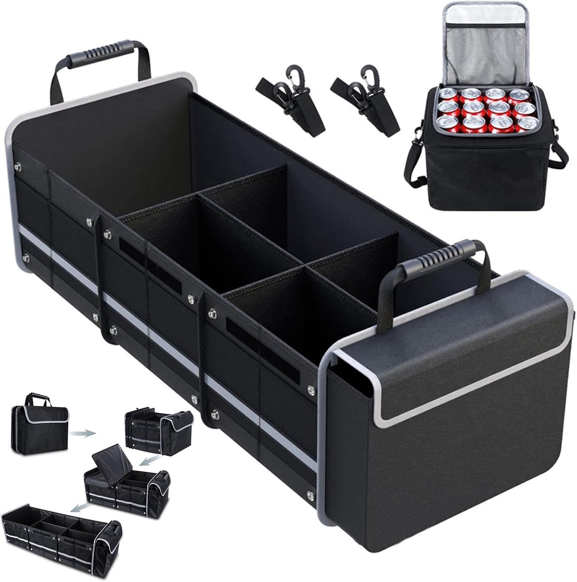 SnelShoppen - Extra grote kofferbakorganizer 94,5L met koeltas 18L, opvouwbare kofferbaktas, 5 vakken, inklapbaar deksel, 600D Oxford, ideaal voor aut
