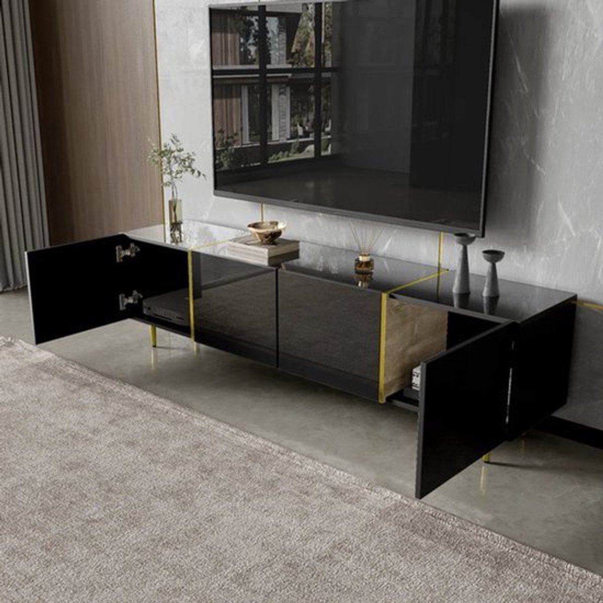 TV-kast – Mediameubel – TV-meubel – TV-dressoir – Zwarte TV-kast – Hoogglans Zwart Met Gou