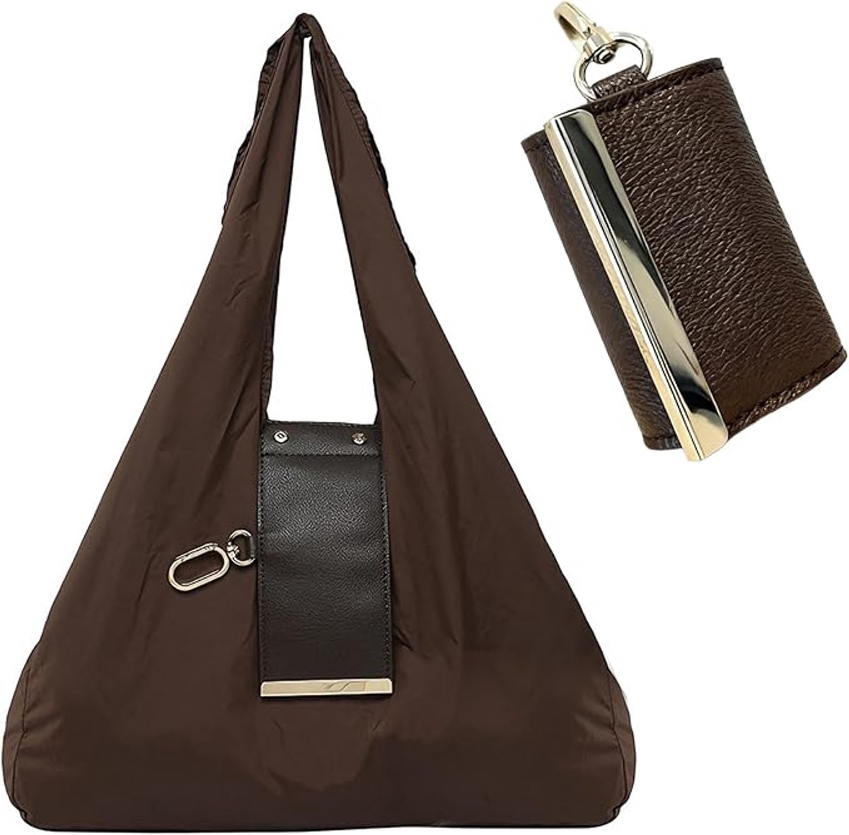 Opvouwbare Boodschappentas - Met Sleutelhanger & Metalen Clip - Luxe Oprolbare Shopper - Compacte Herbruikbare Tas voor Onderweg - Geschikt voor Boodschappen, Reizen en Shoppen - Bruin