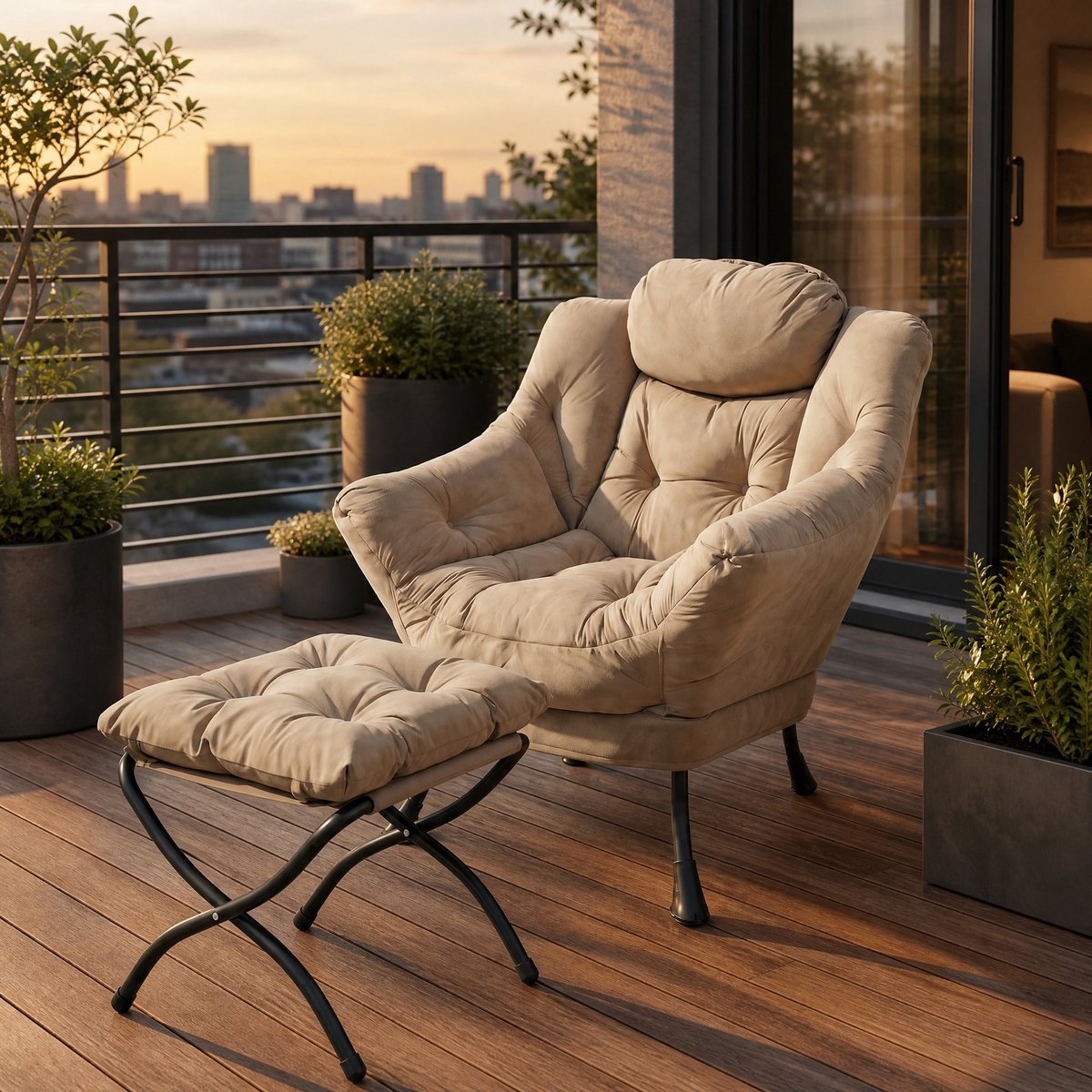 COVREO Fauteuil met hocker 72 x 80 x 93 cm khaki stof en metaal met zijvak