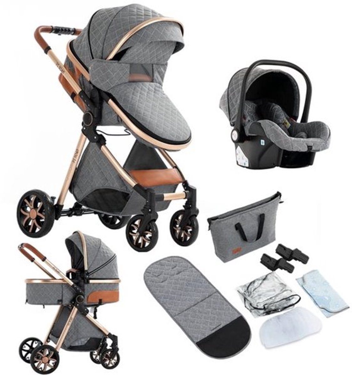 Kinderwagen - 3 in 1 - Opvouwbare Trolley voor Baby's - Lichtgewicht - Hoog landschap - Wandelwagen - Elegante Ontwerp - Kinderwagen Auto voor Pasgeboren Baby - Compacte Opvouwbaarheid - Grijs