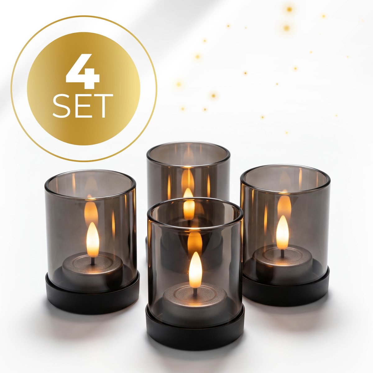 KENN Industriële Waxinelichthouders - Set van 4 - Smoke/Grijs Glas - Zwarte Metalen Basis - Theelichthouders - Kaarsenhouders - Luxe Uitstraling - Voor Binnen & Buiten - Lichtermeer - Voor LED Kaarsen & Waxinelichtjes