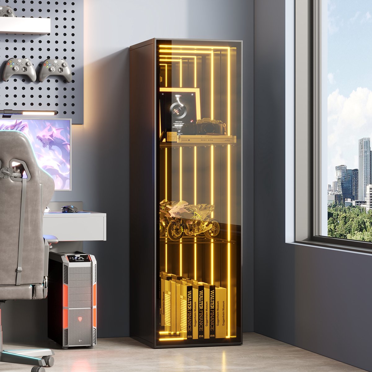 COVREO Vitrinekast 30 x 30 x 90 cm – zwart, glas en aluminium frame, 3 vakken met LED