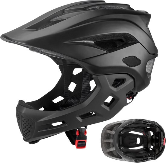 Zwarte helm met afneembare kinband en rode verstelknop. Binnenzijde van de helm zichtbaar.