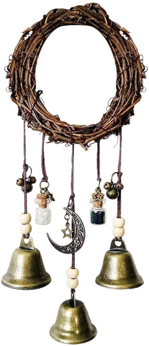 SnelShoppen - Handgemaakte Rieten Witch Wind Klokken - Rond Boho Klok met Bescherming - Heksen Decoraties voor Deur, Windgongen voor Halloween en Huis