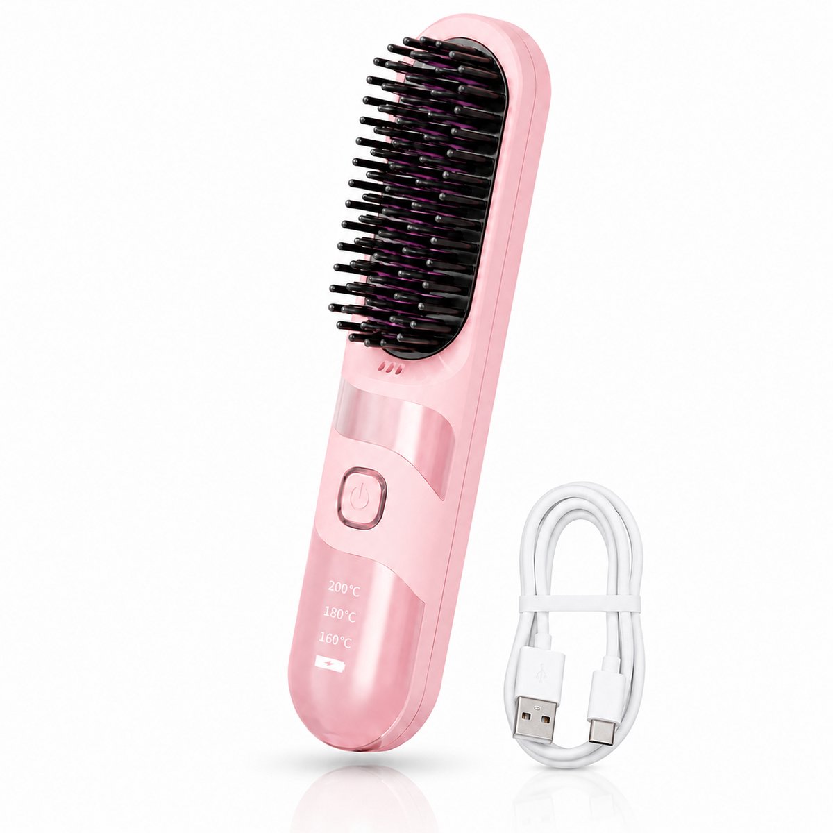Draadloze Stijltamborstel - Oplaadbare Ionische Haarborstel met 3 Warmtestanden - Draagbare Reisstijltang voor Krullend en Stijl Haar - Compact Design - Roze