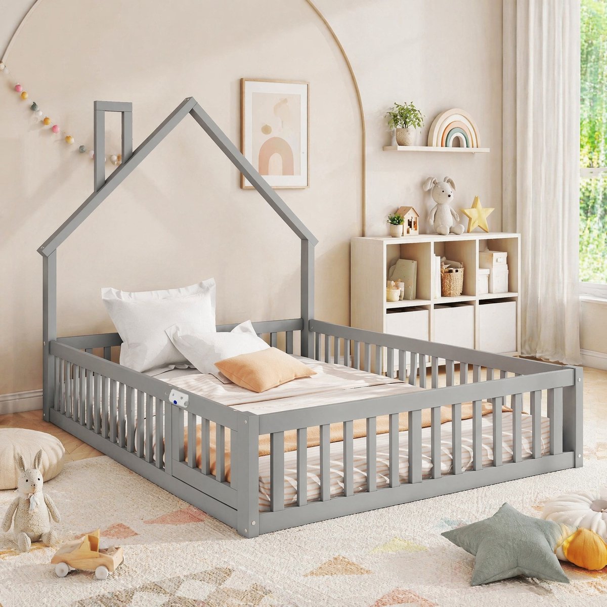 COVREO Kinderbed 198x151x164 cm grijs hout en MDF met lattenbodem en veiligheidshek