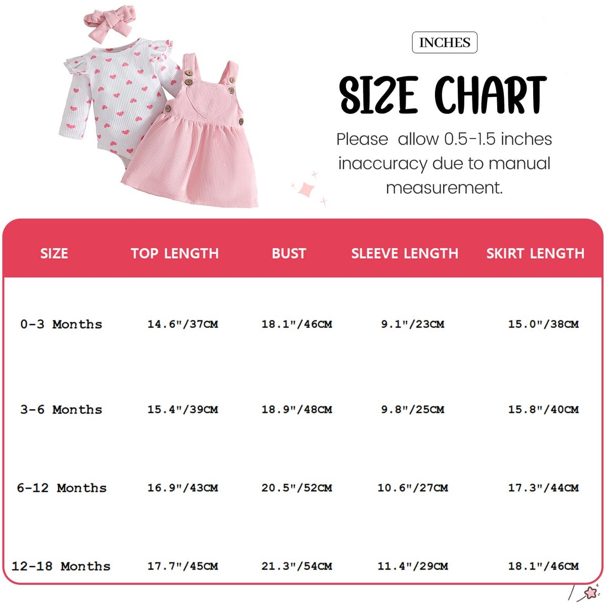 SnelShoppen - Kledingset voor Pasgeboren Babymeisjes - 3-delige Set met Cordbroek met Bretels, Geribbelde Lange-Mouw Romper met Hart en Hoofdband - Ge