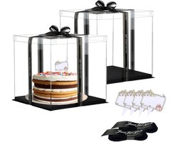 SnelShoppen - 2 Pcs Cake Box Transparant 26x26x24 cm met Zwarte Band en Cake Inserts - Ideaal voor Verjaardagen, Feesten en Desserts