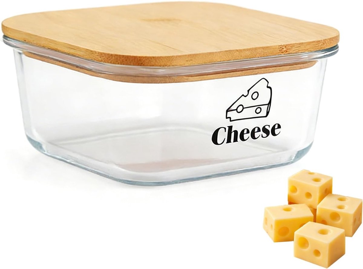 Vierkante Borosilicaat Glazen Kaasdoos van 1200 ml met Bamboedeksel en Siliconen Ring, Ideaal voor Kaas, Vlees en Opslag in de Keuken