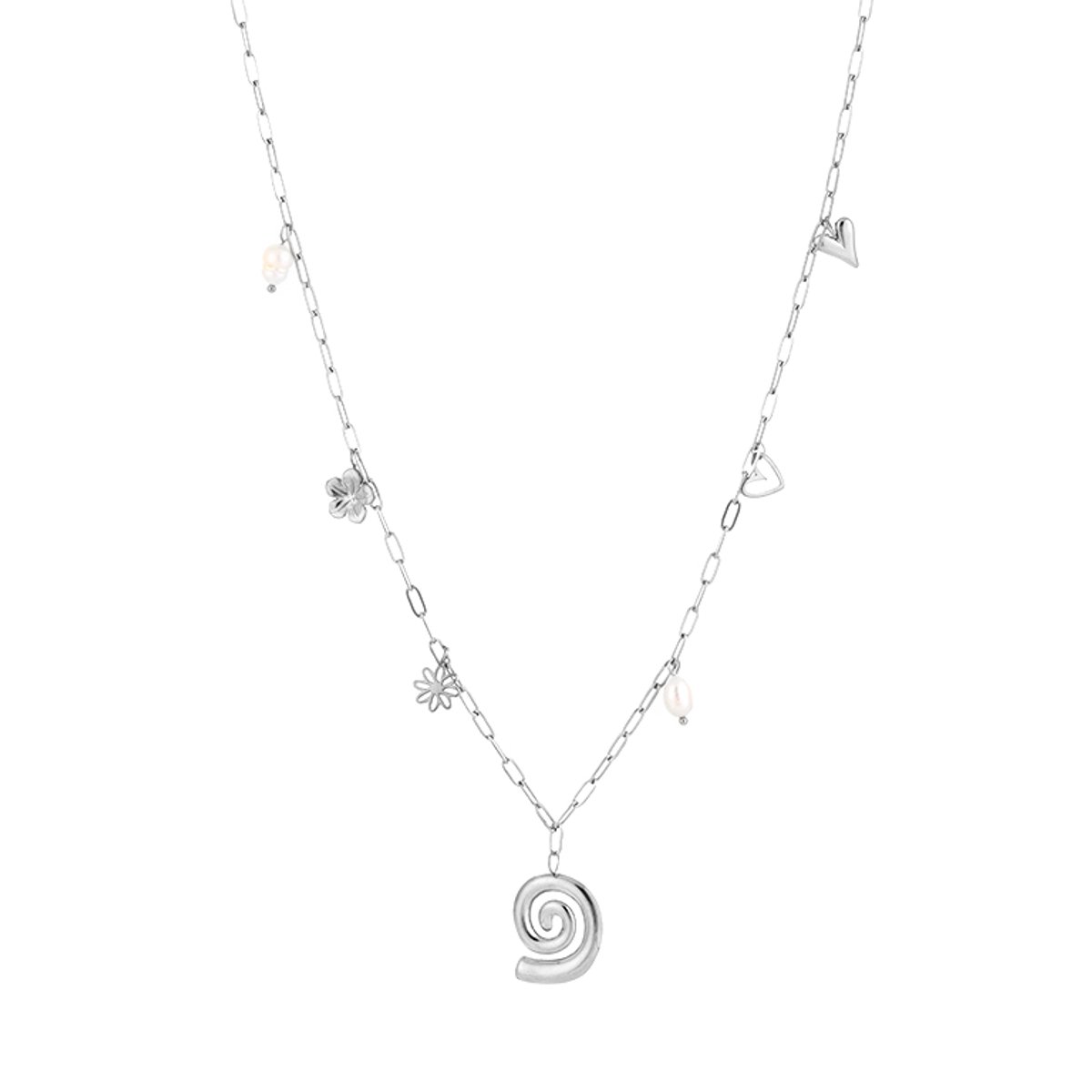 Elegante Roestvrij Stalen Bedelketting - Lange Ketting met Diverse Hangers en Kraaltjes - Stainless Steel Sieraad - Zilver