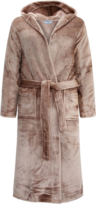 Unisex Badjas Extra Lang met Capuchon en Ceintuur - Ochtendjas - Superzacht Fleece - Heren Dames - Sand Beige - Maat L/XL - 8210