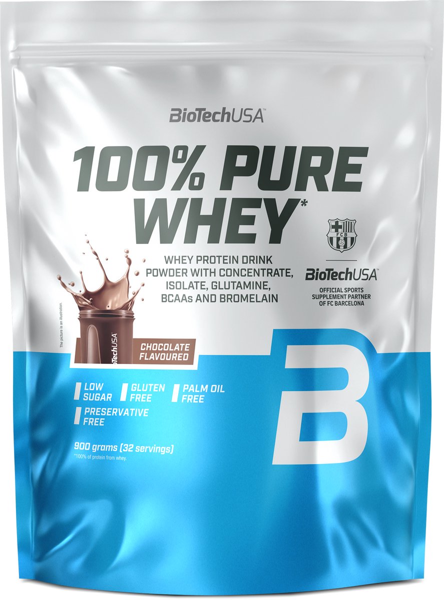 BioTechUSA 100% Pure Whey | Eiwitpoeder met BCAA en Glutamine | Glutenvrij, Palmolievrij | 21g Eiwit per portie, 900 g, Chocolade