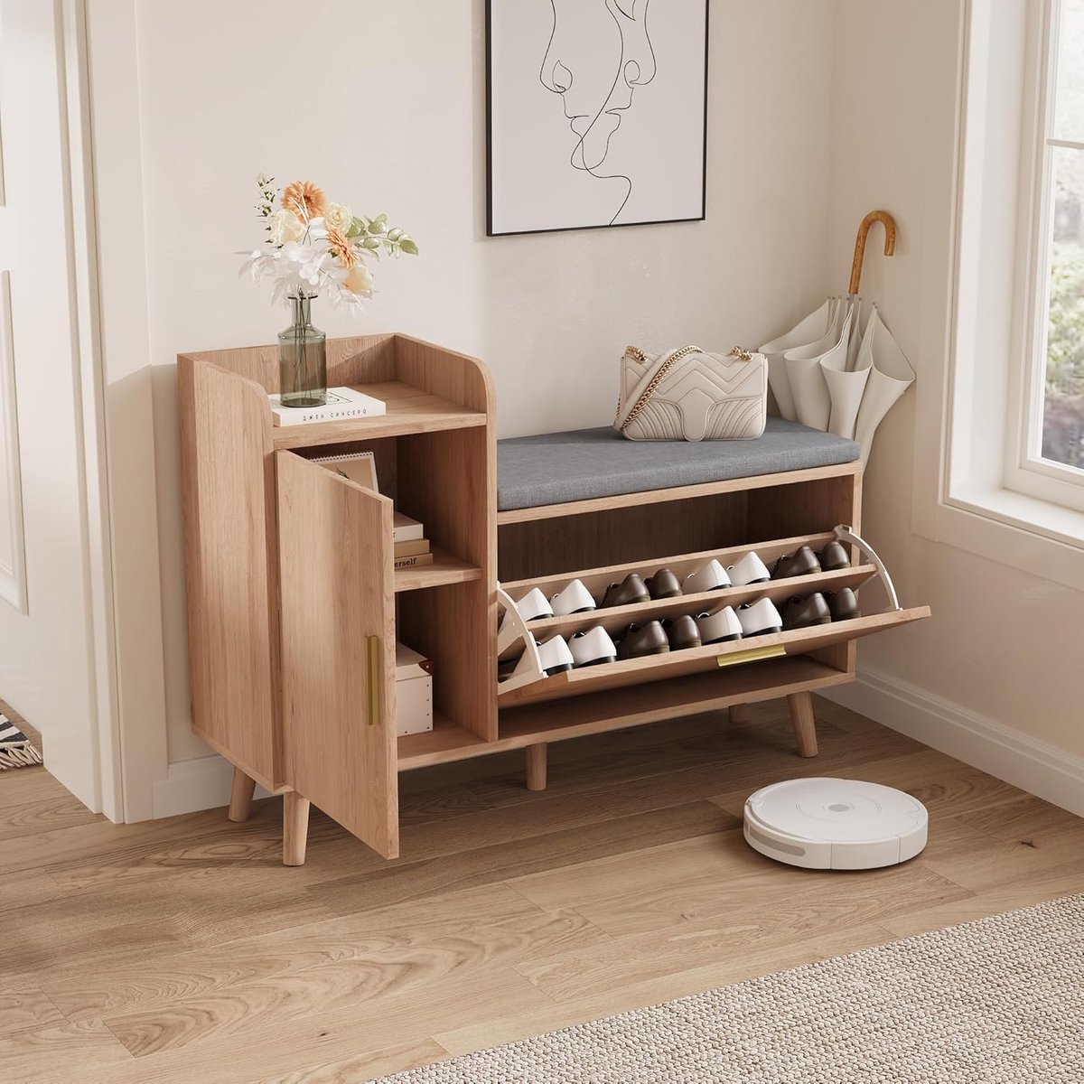 Schoenenbank met Zitvlak en Opbergruimte – House&Garden – Schoenenkast met Zitbank en Kleppen – Hal Schoenenrek Natuurlijke Houtkleur – 100 x 69 x 30 cm – Ruimtebesparende Schoenenopberger met Opbergruimte en Zitfunctie