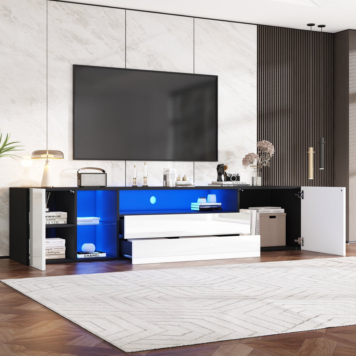 DESMIU Tv Meubel - Hoogglans Front Met Ledverlichting En Opbergruimte - Voor Woonkamer En 75 Inch Televisie - Spaanplaat En Glas - 180x40x45 Cm Wit