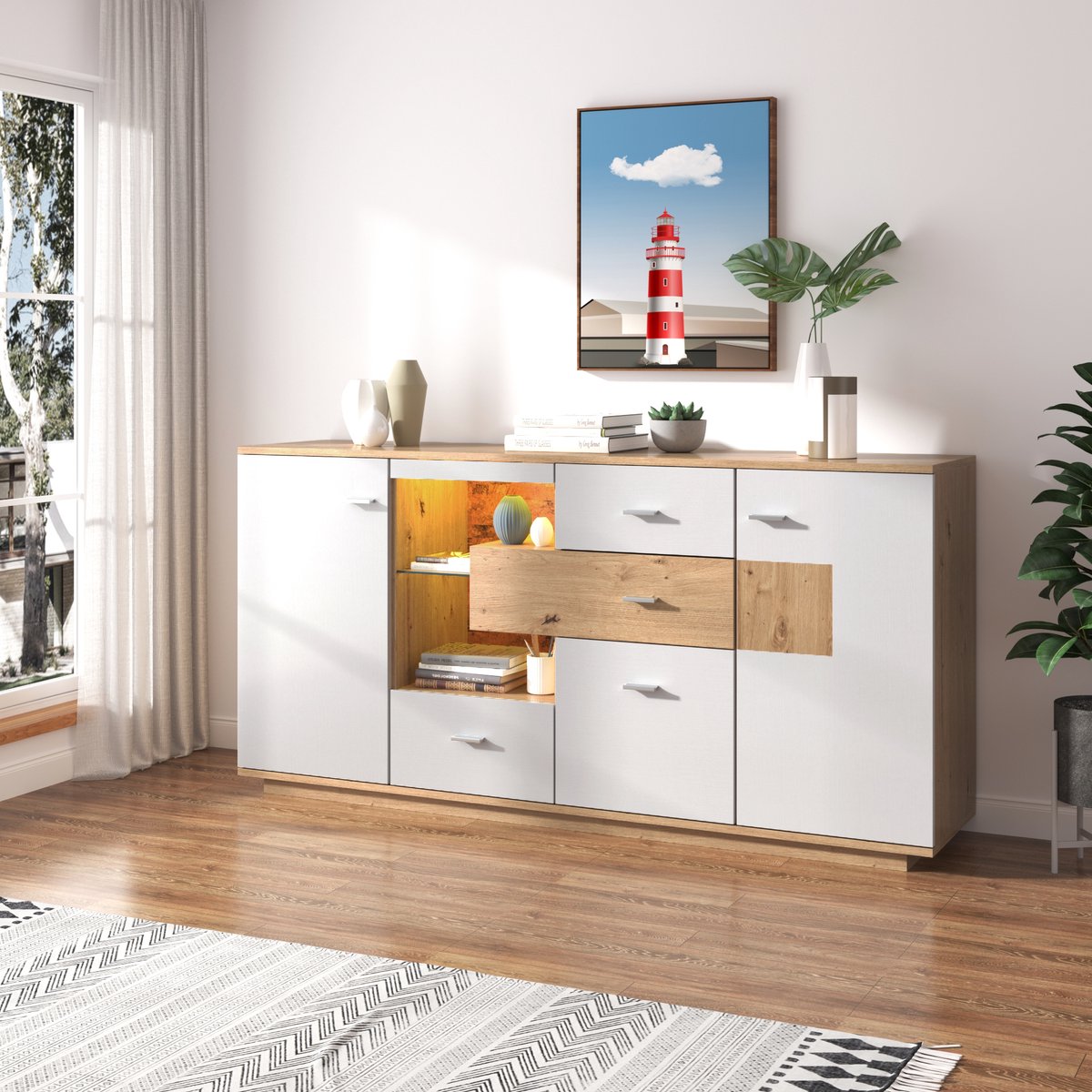 DESMIU Dressoir - Met Ledverlichting En Veel Opbergruimte - 2 Deuren En 4 Laden Voor Woonkamer En Eetkamer - MDF - 160x40x77 Cm - Wit Naturel