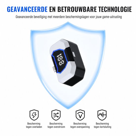Zwarte en witte powerbank met blauwe accenten, met digitale display, binnen een schild dat bescherming symboliseert.
