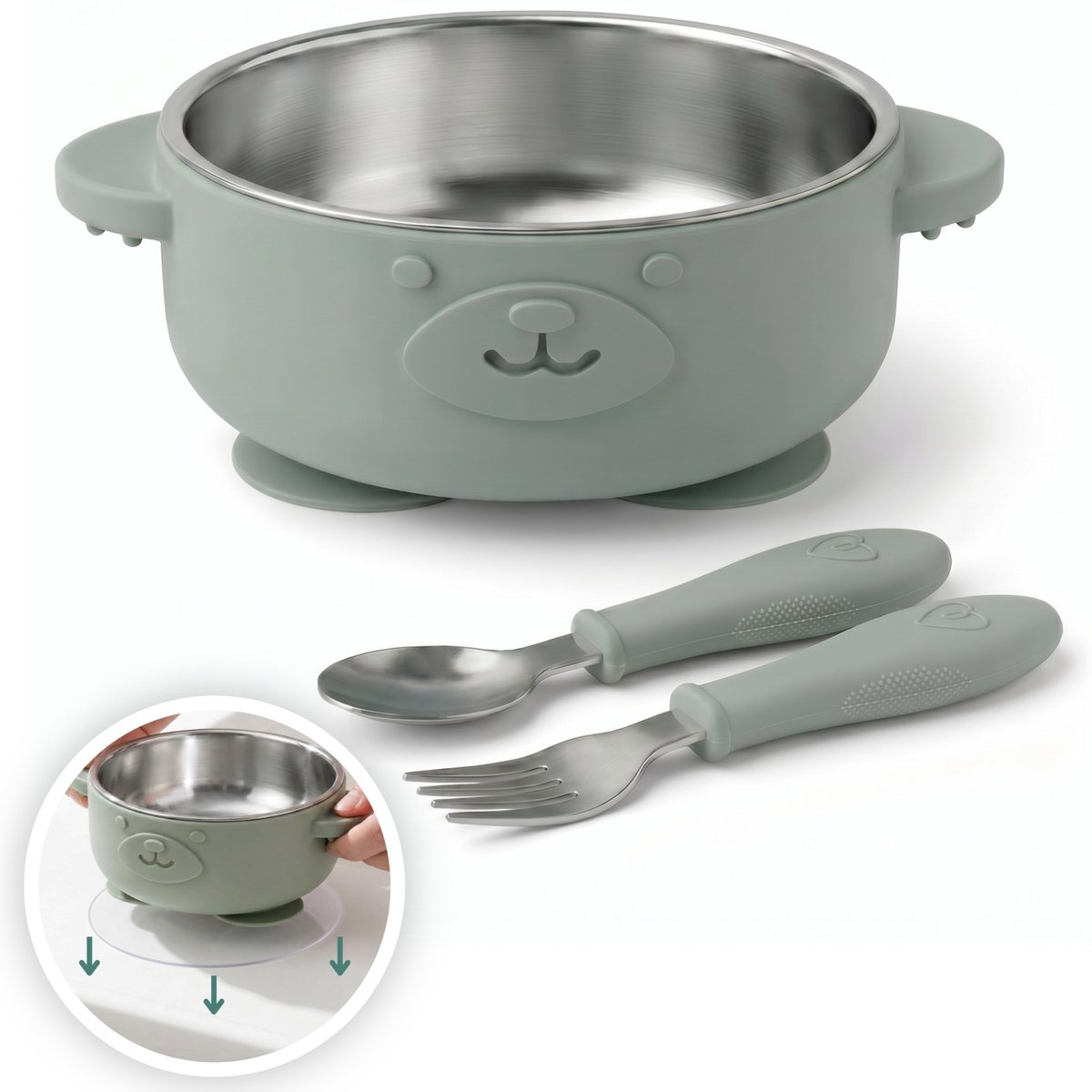 Broemba RVS Baby Bord met Zuignap & Bestek - Kommetje met Babylepel en Vork & 3 zuignap stickers - BPA-vrij Babyservies - Groen