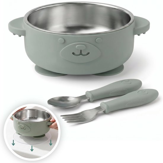 Assiette Bébé en acier inoxydable avec ventouse et Couverts Bébé - Vaisselle pour enfants 100 % sans BPA - Bol avec cuillère et fourchette - Services de table Bébé verte - Broemba®