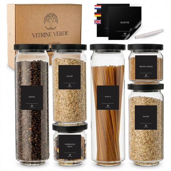 Vitrine Verde Bocaux de Stockage Couvercle en Bois Noir - Set de 6 - Bocaux en Verre avec Couvercle - Hermétique - Incl. Étiquettes & Marqueur