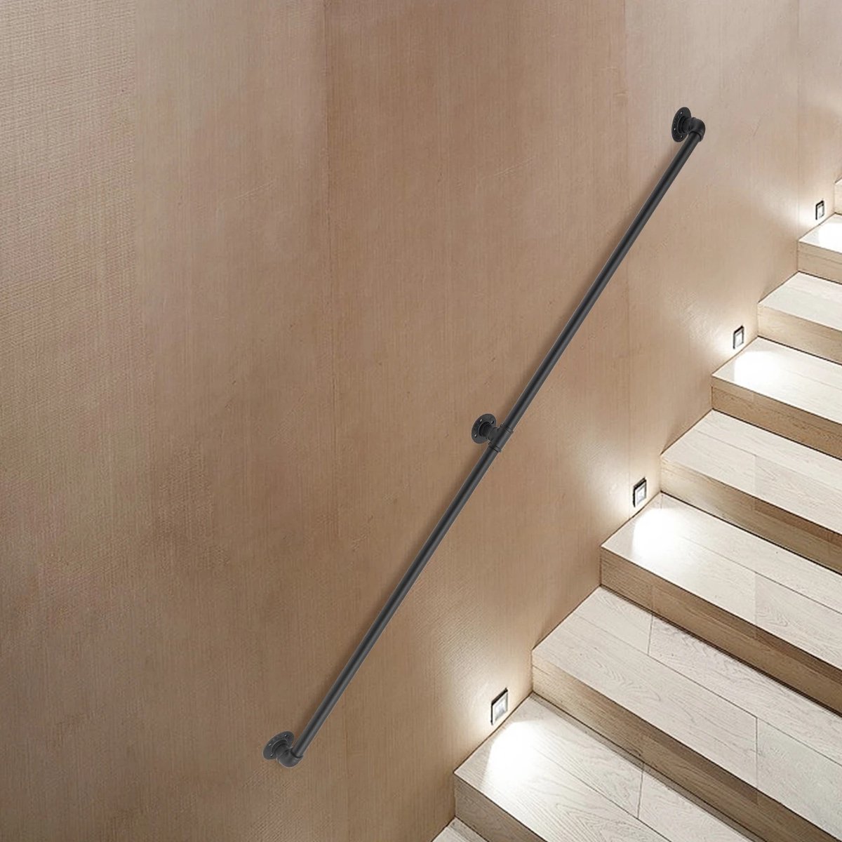 Dailygoods 2-delige wandmontage trapleuning 6,6FT/200cm zwart roestvrij leuning T-connector veiligheidsleuning voor thui