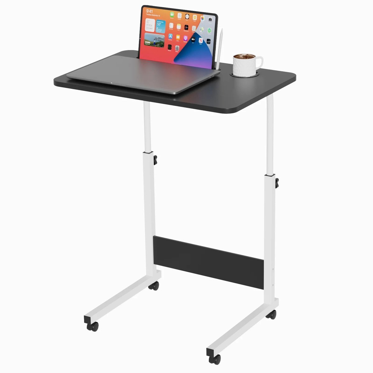 Dailygoods 60x40 verstelbare bedtafel met wielen, laptoptafel met vergrendelbare sleuven, mobiele computertafel, geschik